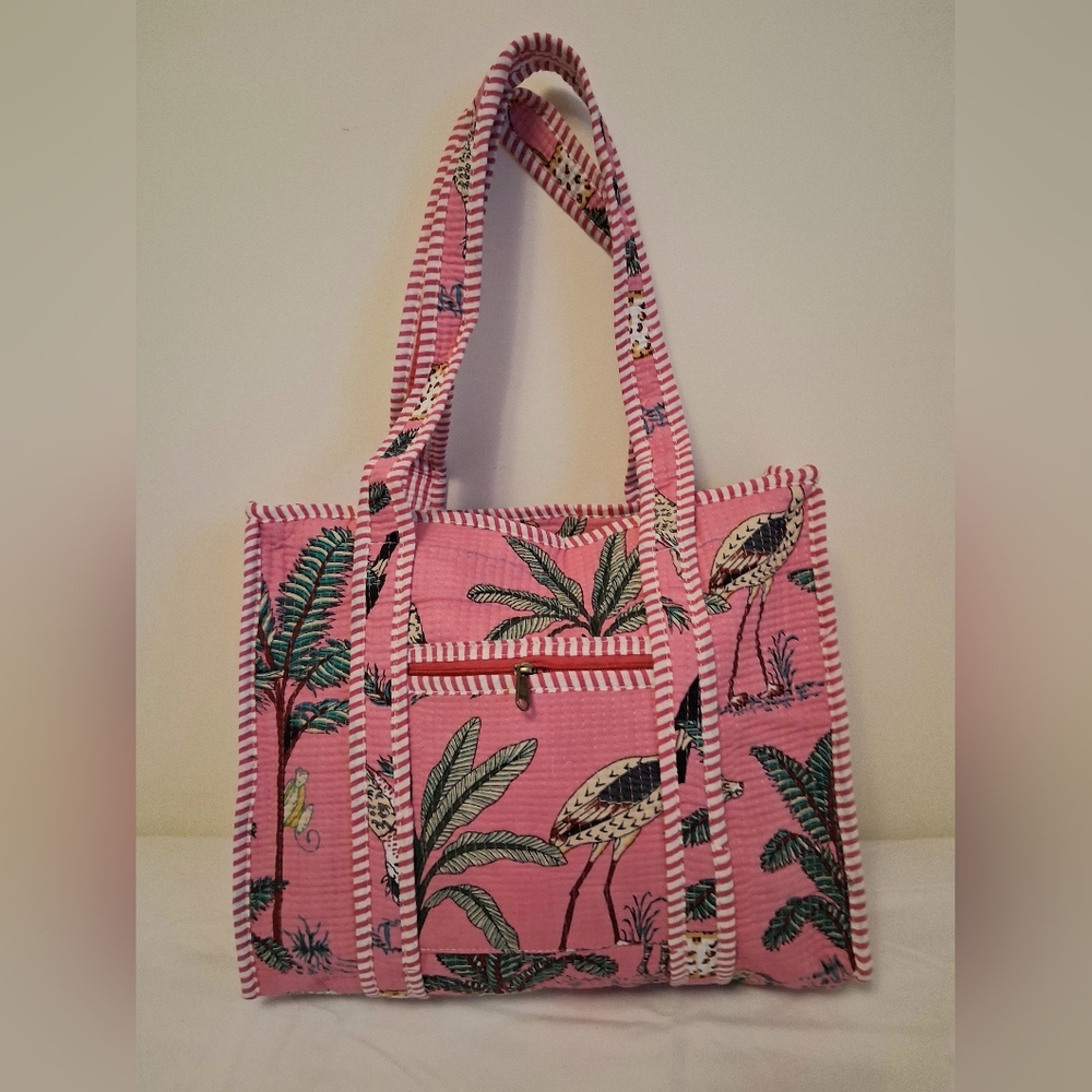 PINK TROPICAL PRINT TOTE BAG